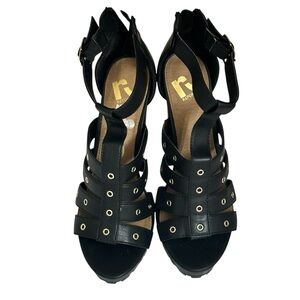 Report Black Strappy Heeled Sandals with Gold Eyelets